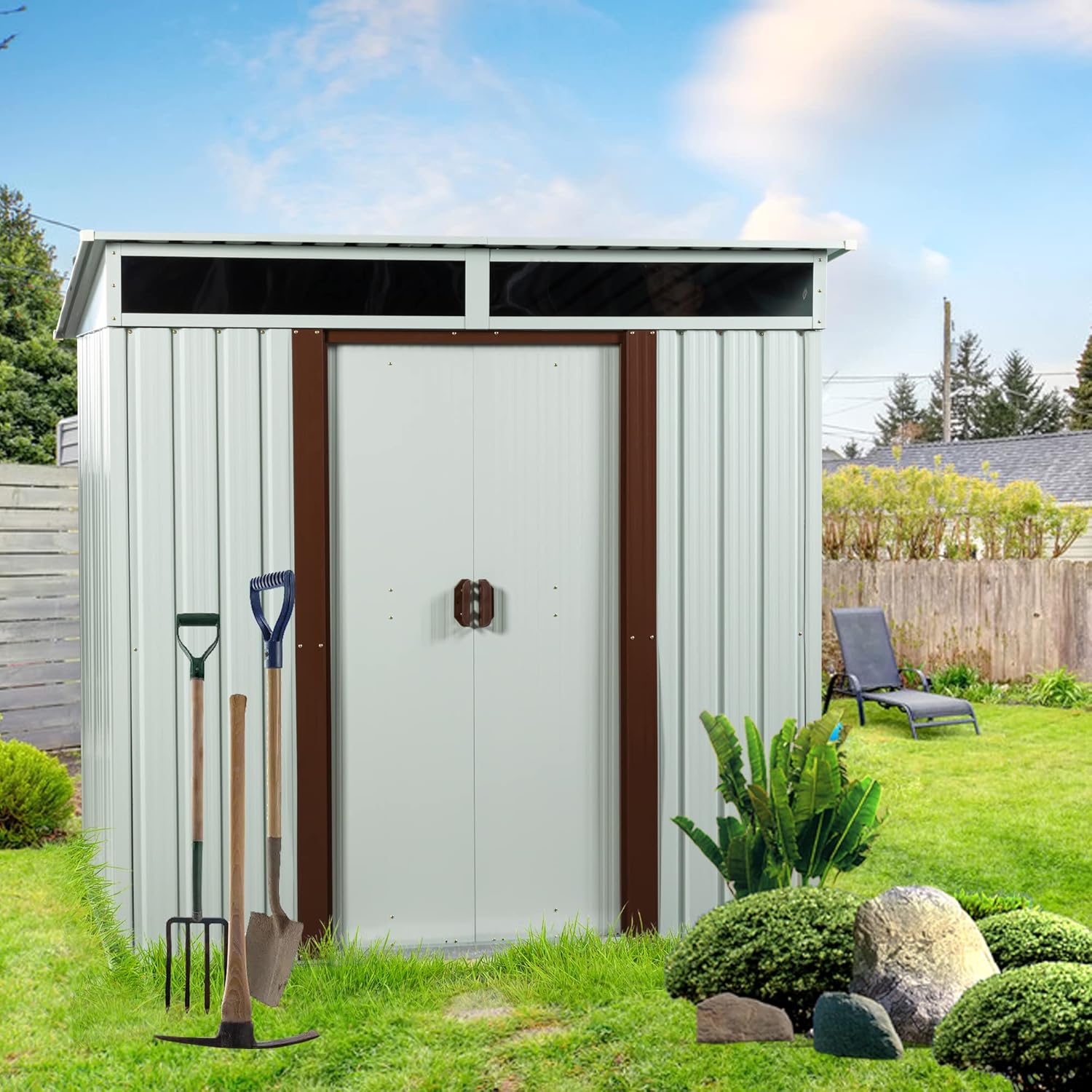 Outdoor Storage Garden Shed with Foundation,Lockable Doors Tool Shed with Transparent Panels,Bike Shed Outside Storage Shed for Garden,Lawn,Poolside,Patio,White
