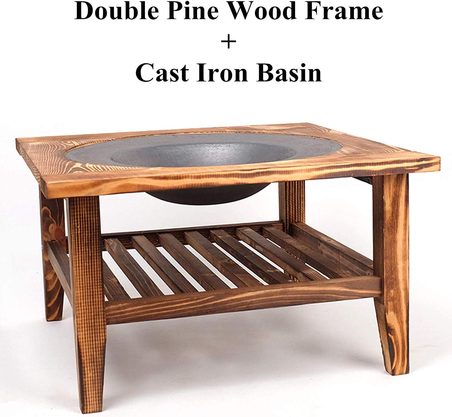 Fire Pit 24 Inch Layer Fire Pit Table, Metal Bonfire Firepit, Built-in Fire Bowl with Wood Table, Garden Fireplace for Camping