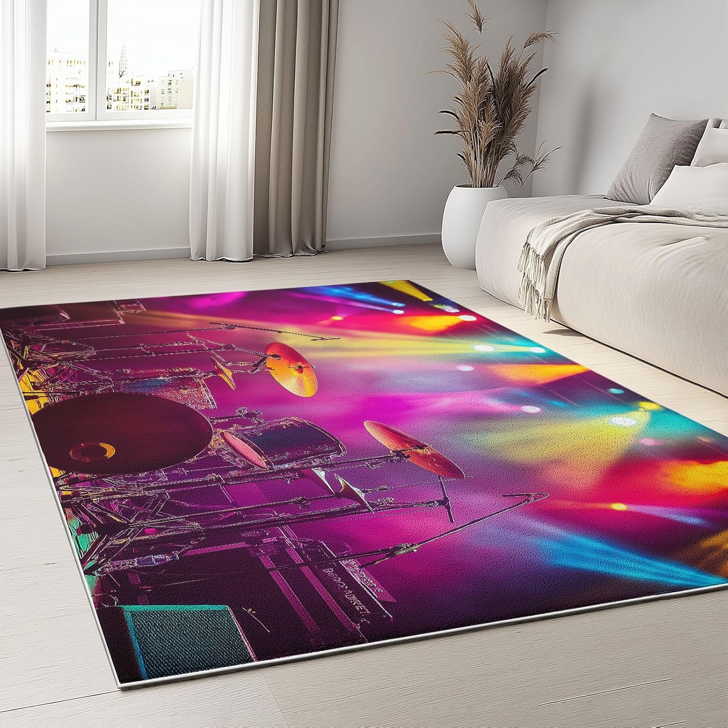 Machine Washable Area Rug 4x6 ft for Dining Room, Bedroom, and Living Room, neon Light Drum Set Stain and Water-Resistant Non-Slip Rug, Pet and Kid Friendly