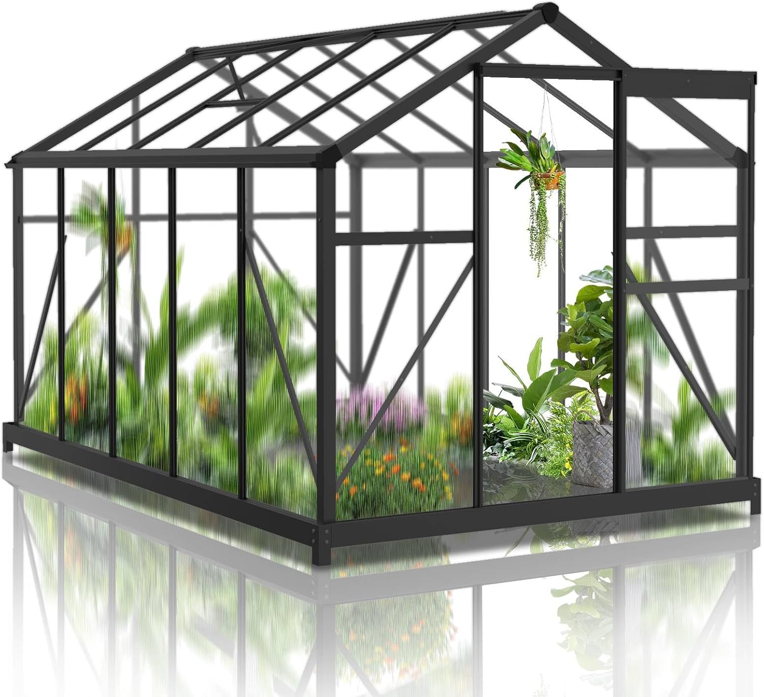 6x10 FT Large Greenhouse, Heavy Duty Aluminum Frame Greenhouse with 4mm Panels, Adjustable Roof Vent & Sliding Door, Outdoor Walk-in Garden Green House for Patio, Deck, Backyard (Black)