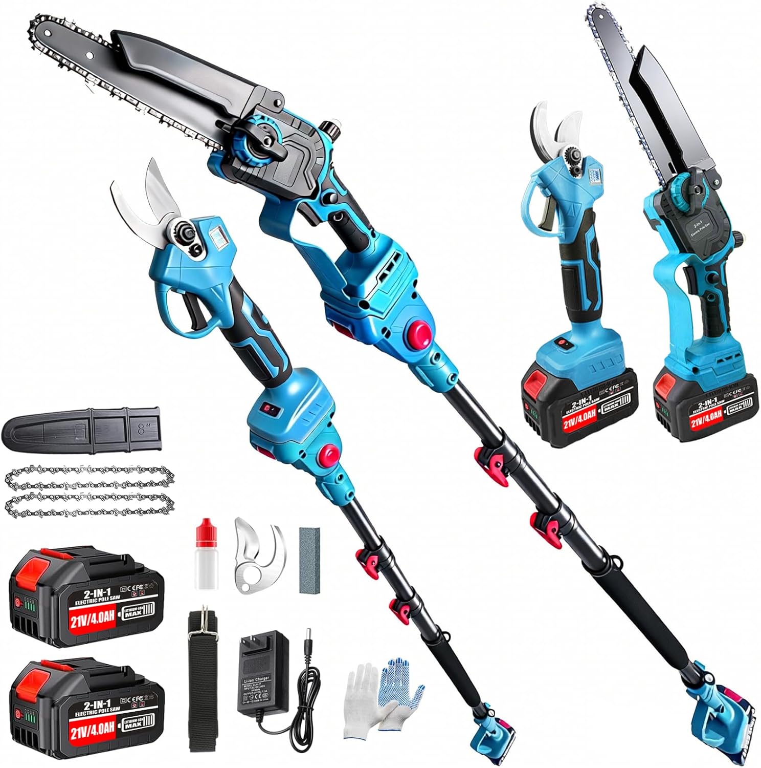 4-in-1 Electric Pruning Shears Cordless & 8 Inch Electric Pole Saws for Tree Trimming with 16FT Extension Pole & 2×4.0Ah Battery Powered, Brushless Tree Trimmer Pole Saw Limb Branch Cutter Tree Pruner