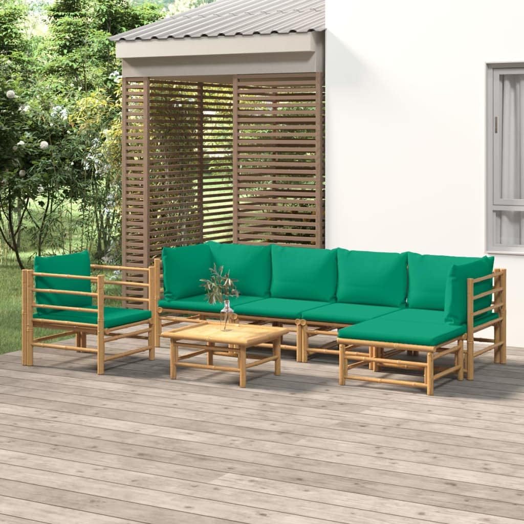 7 Piece Patio Lounge Set with Green Cushions Bamboo,Elegant and Comfortable Bamboo Patio Lounge Set for Outdoor Relaxation Patio Furniture Sets, Outdoor Furniture Sets