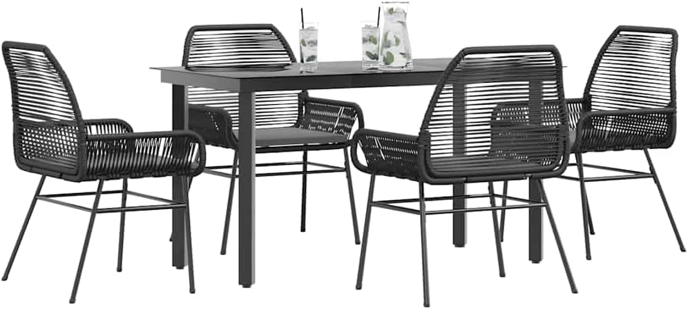 5-Piece Garden Dining Set, Black Poly Rattan Patio Furniture with Tempered Glass Tabletop, Dark Grey Cushions, Weather Resistant Outdoor Table and Chairs for Balcony, Terrace