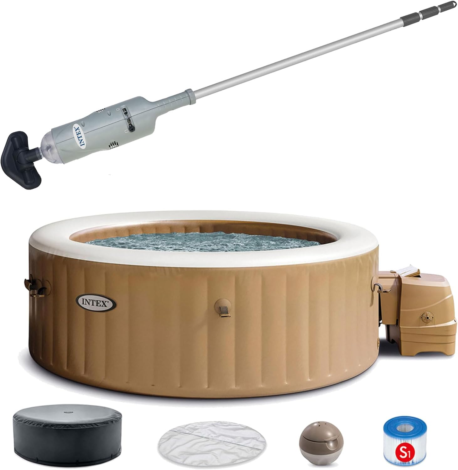 Intex Rechargeable Handheld Above Ground Pool Vacuum Cleaner with 2 Brush Heads and PureSpa 4 Person Bubble Massage Inflatable Hot Tub Spa, Sahara Tan