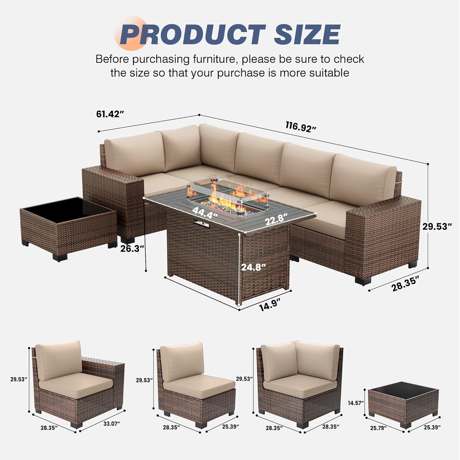 Amopatio Outdoor Sectional with Fire Pit Table, 8 Inch Armrest Patio Furniture Set with Waterproof Cover for Garden Backyard, 4'' Thickened Cushion