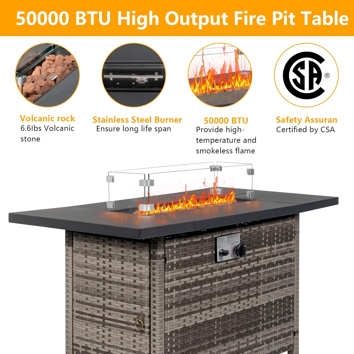 43 Inch Gas Fire Pit Table, Patio Outdoor Propane Fire Pits with Removable Lid and Lava Rock, 50000 BTU,Waterproof Cover and Tables for Patio Garden (Brown)