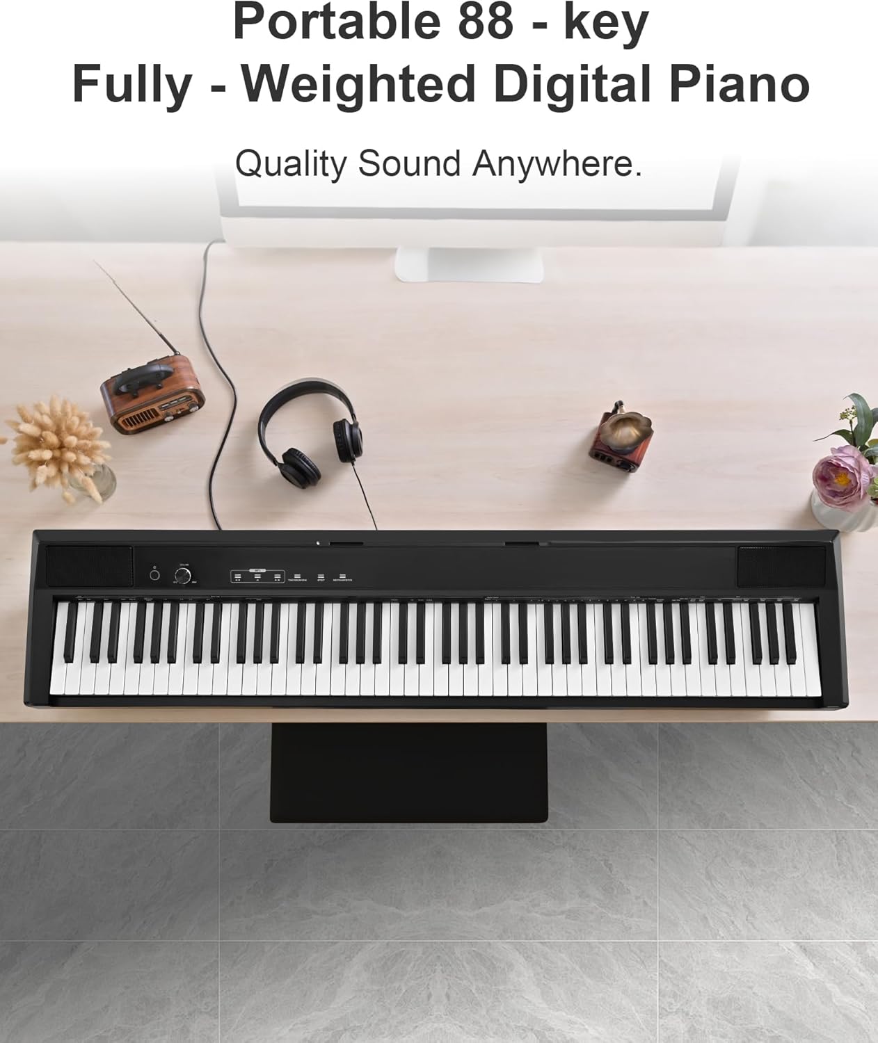 S-200 Beginner Keyboard Piano - 88 Key Full-Size Weighted Digital Piano, Portable Electric Piano with Sustain Pedal, Power Supply, Dual Headphone Jack, USB-MIDI, and MP3 Player,Black