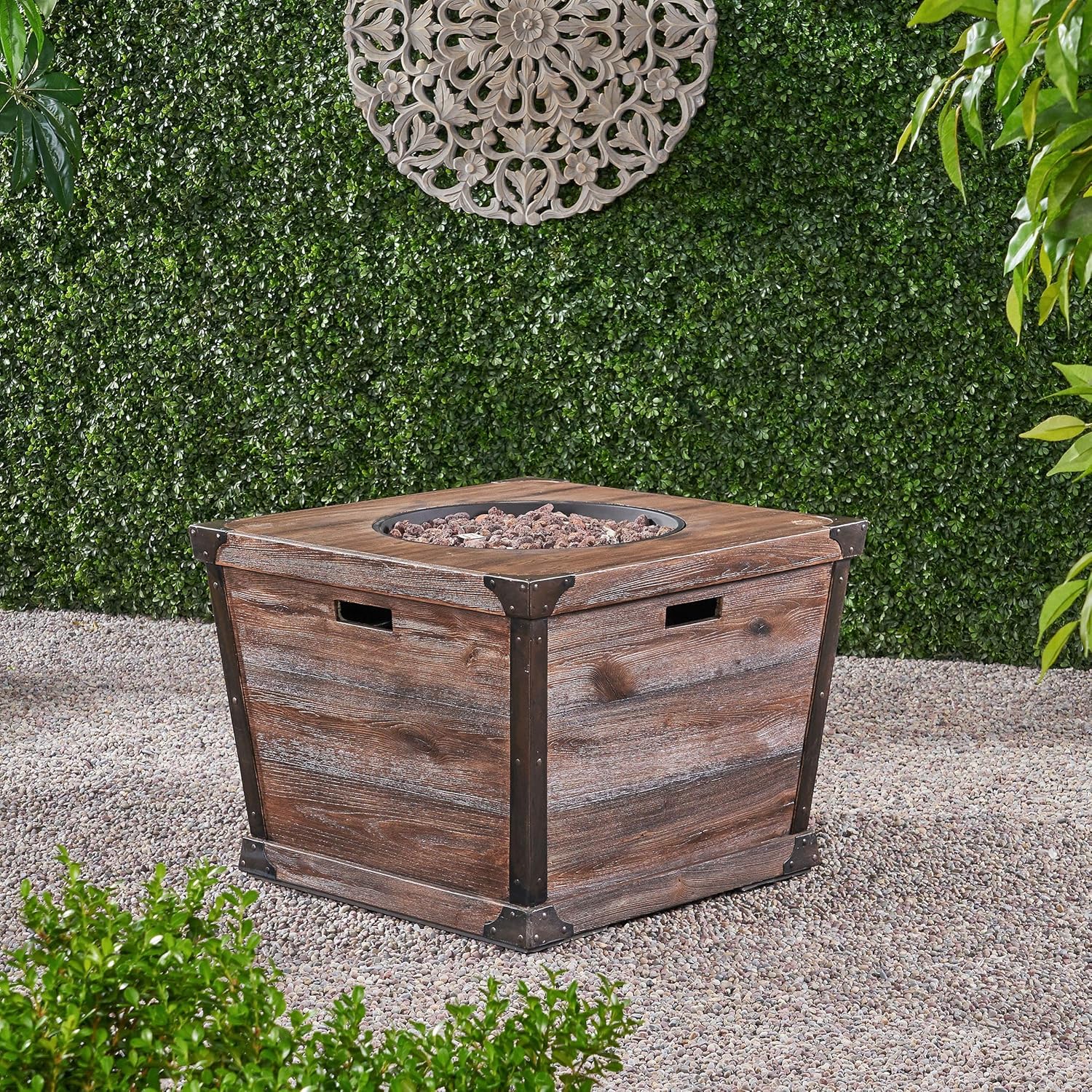 Outdoor Patio 24x32 Inches Square Gas Fire Pit-Concrete Wood Pattern, Brown, 40,000 Btu, Built-in Tank, Ideal for Backyard, Deck (1 Doors)