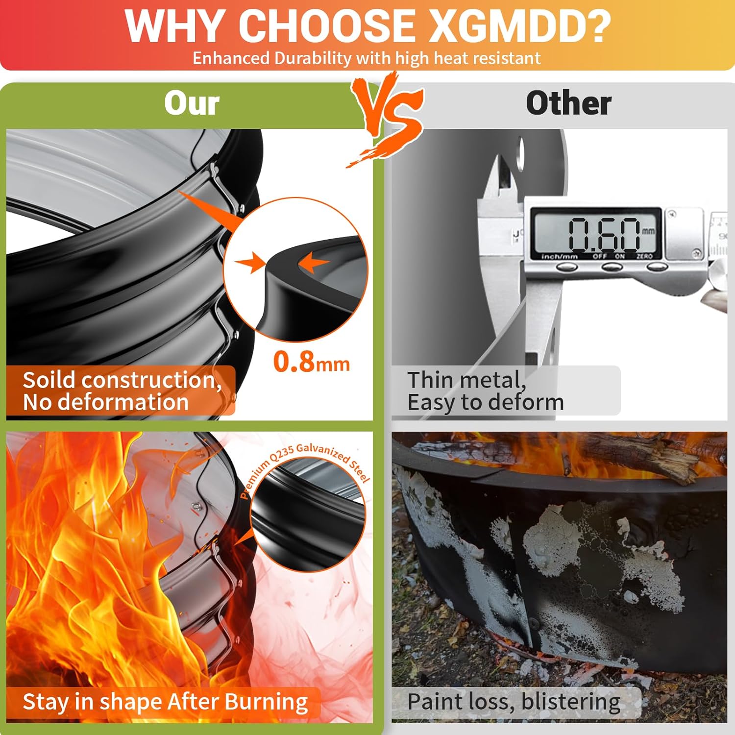 60IN Heavy Duty Fire Pit Ring for Outside - Large Wood Burning Fire Pits&Outdoor Fireplace,High Heat Resistant,12''Raised,Galvanized Steel Bonfire Pit Portable for Camping,Backyard,Patio