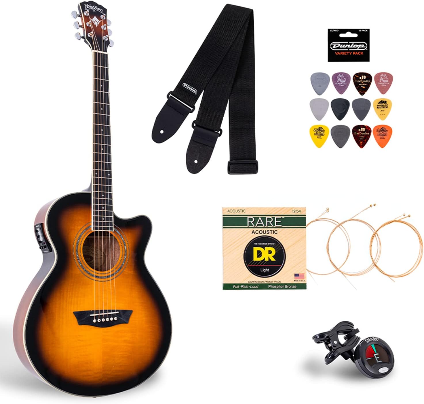 Washburn Festival EA15 Acoustic Electric Cutaway Guitar Bundle with Flame Maple Veneer Top, Includes Strap, Picks, Clip-On Tuner and Extra Set Of Strings (EA15ATB-BNDL)