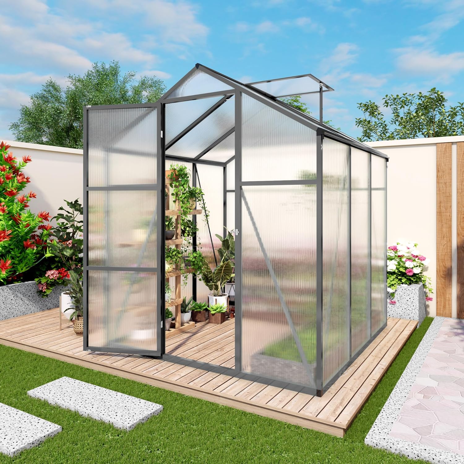 6x6 FT Greenhouse,Outdoor Greenhouse W/ Roof Vent,Walk-in Aluminum Polycarbonate Green House W/ Drainage System & Ground Nails,Green Houses for Outside Garden,Backyard,Patio,Lawn,Black