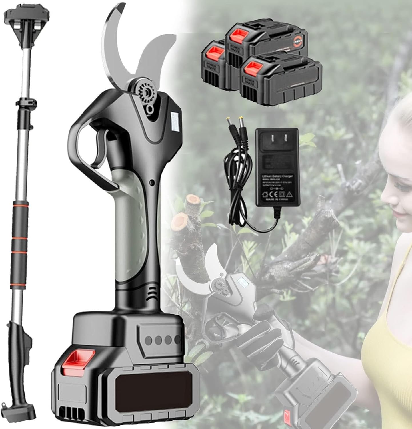 Extendable Tree Pruning Pruner 980w Cordless Electric Pruning Shears, Tree Pruners for Gardening Rechargeable Outdoor Branch Cutter with Lithium Battery and Extension Pole