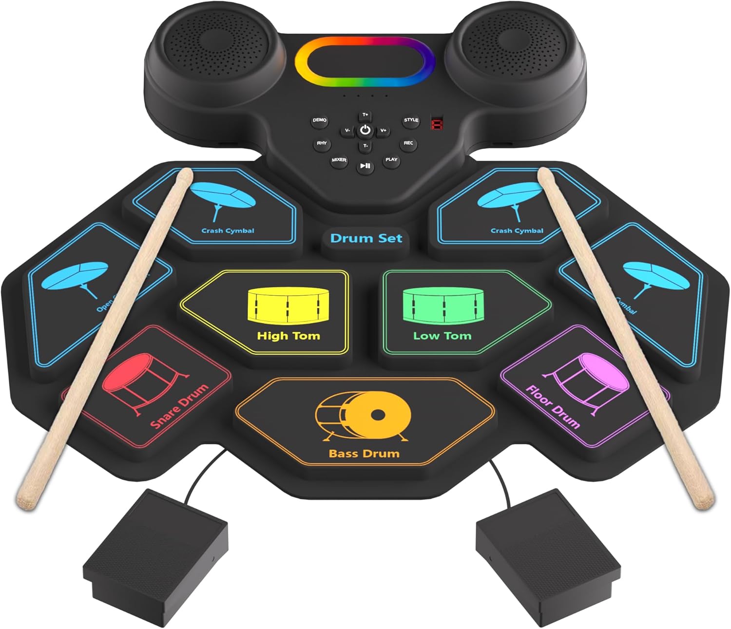 Electronic Drum Set, 9 Pads Roll Up Drum Kit, Built-in 2 Foot Pedals, Drumsticks, Headphone Jack, MIDI Support, Graphic