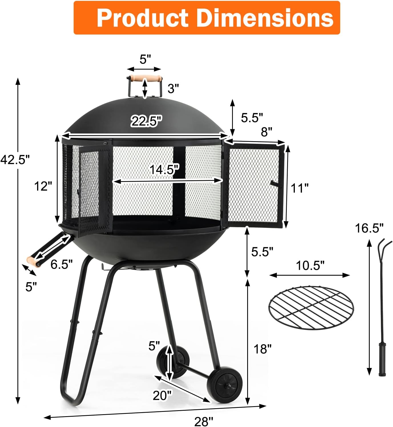 S AFSTAR Fire Pit Outdoor Indoor, 28 Inch Wood Burning Fire Pits W/Wire Mesh Doors, Firepit Lid, Log Grate & Fire Poker, 42.5 Height Rolling Bonfire Fire Pit Portable Firepits for Outside Patio Deck