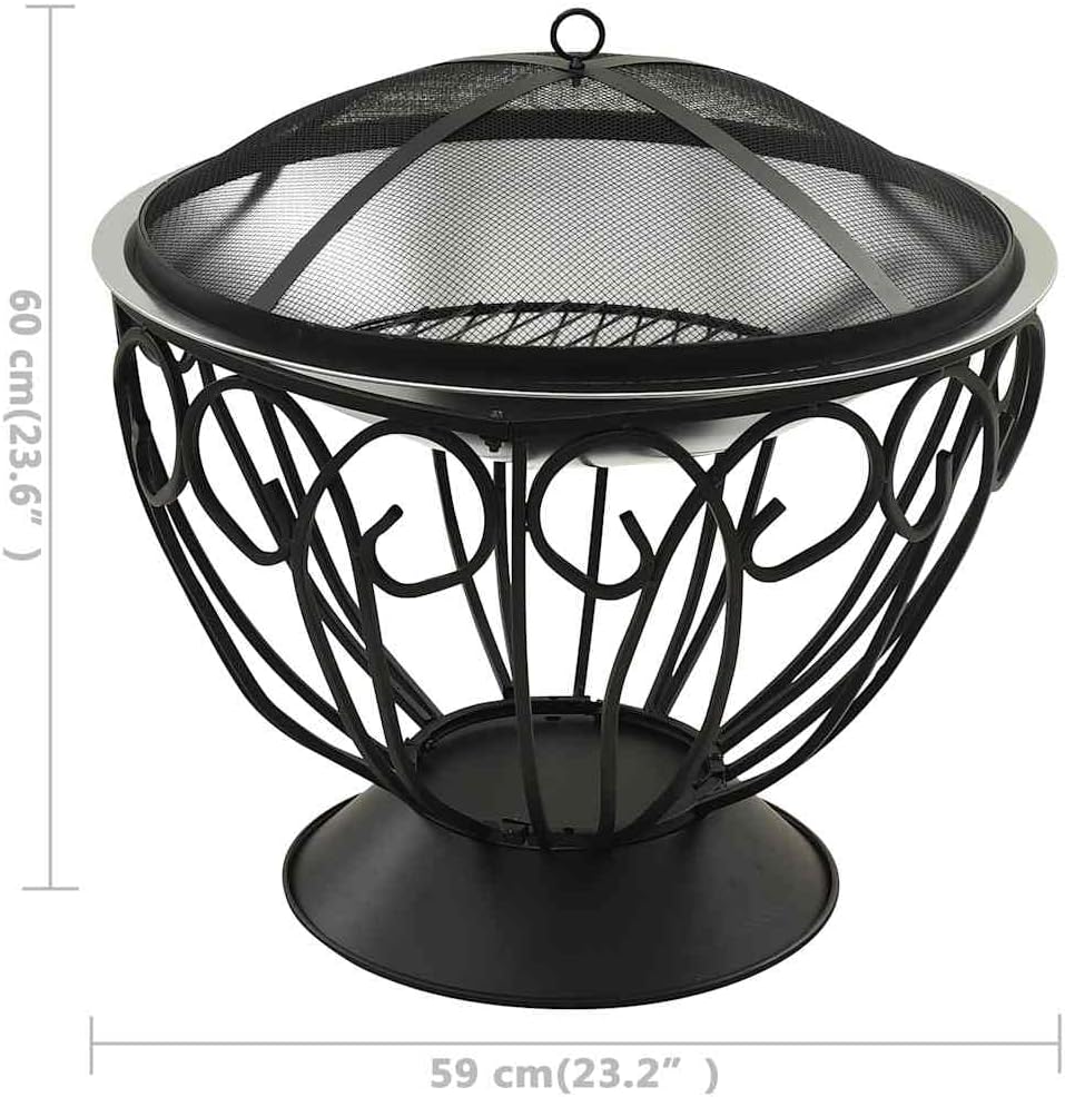 'vidaXL 2-in-1 Outdoor Fire Pit and BBQ with Mesh Cover and Poker - Stainless Steel Design - Silver 23.2