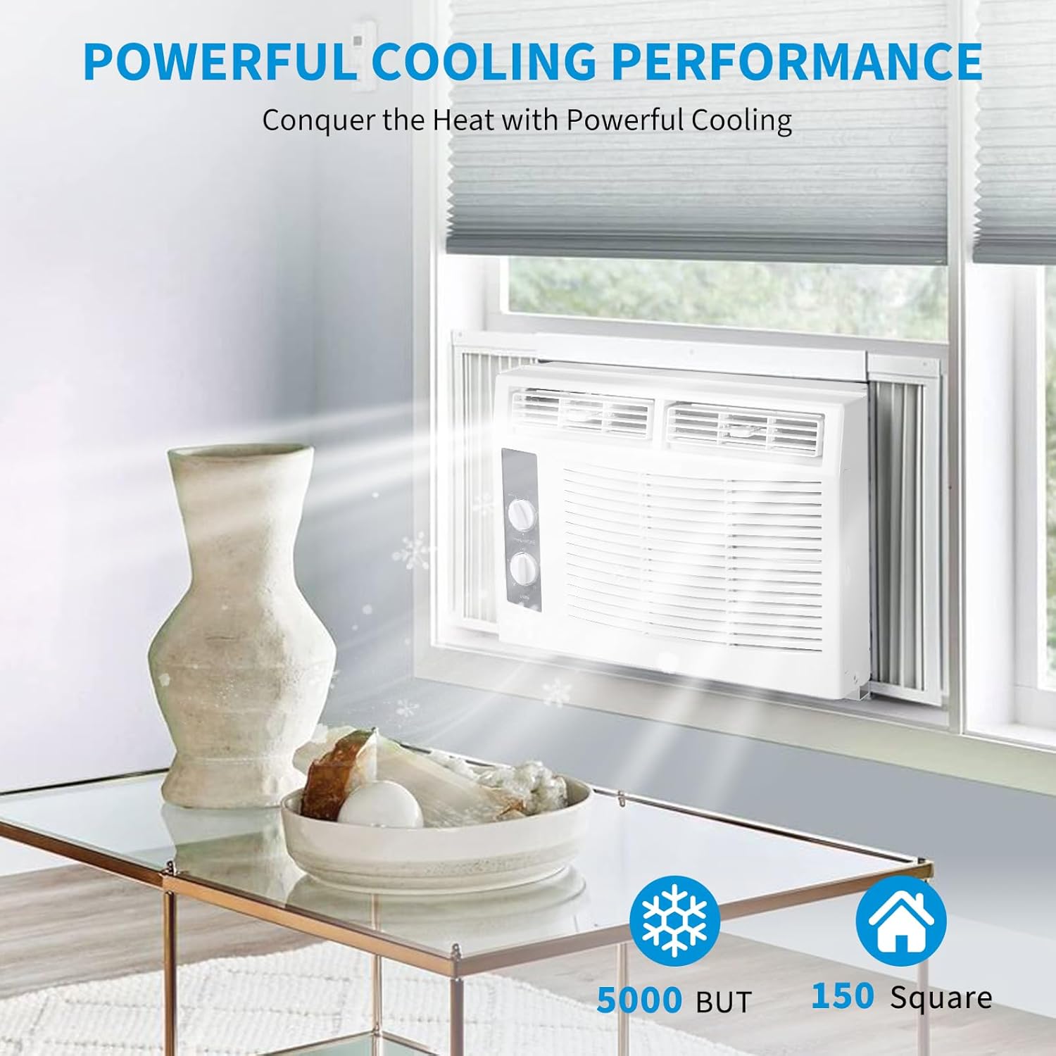 White 5000 BTU Window Air Conditioner for Small Rooms & Bedrooms - Mechanical Controls, 2 Fan Speeds, 7 Temp Settings, Adjustable Vents (115V/60Hz)