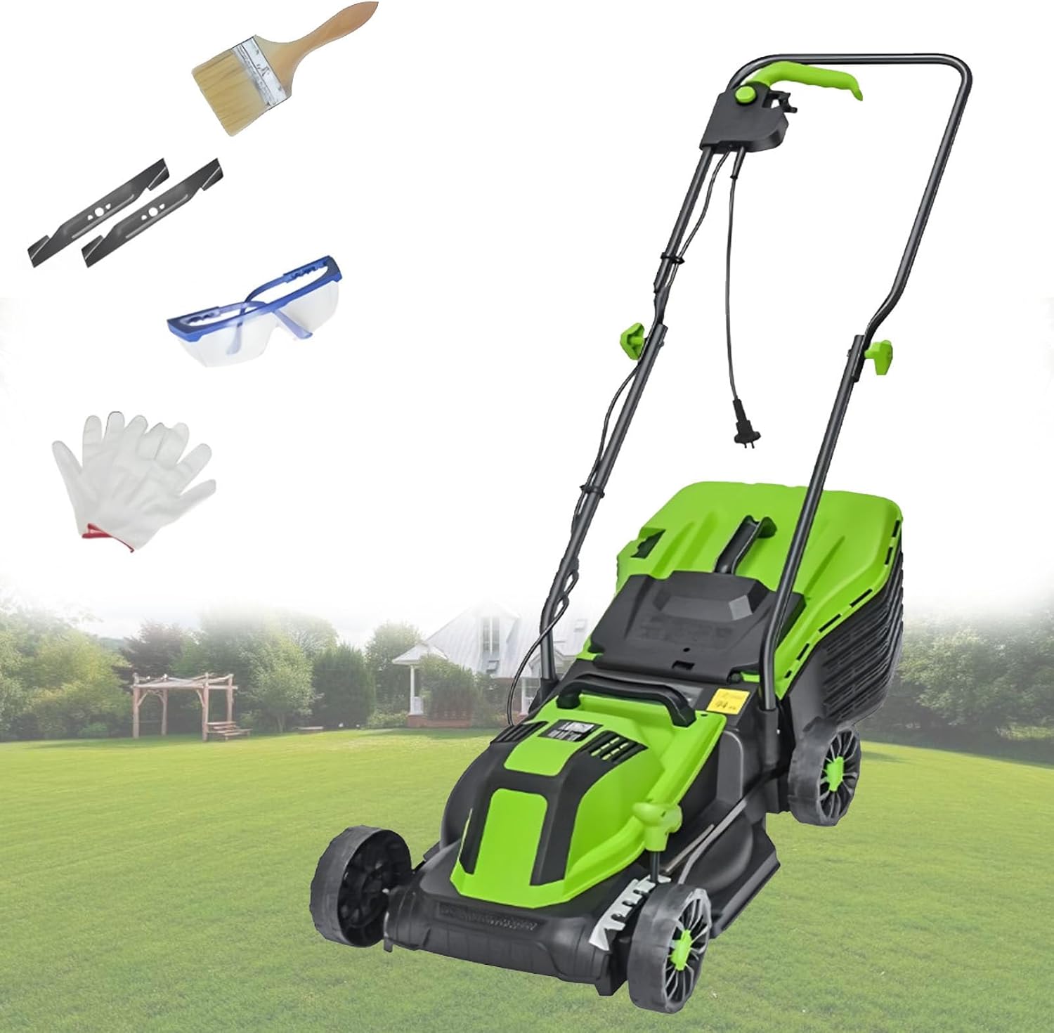 Electric Lawn Mower Corded, Lawn Dethatcher Push Mower with Collection Box, 5-Position Depth Adjustment, Increases Lawn Health 2100W/32CM-Cord55M