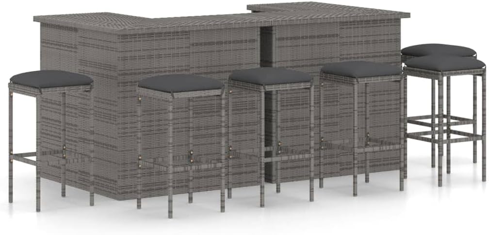 Gray PE Rattan Garden Bar Set, 8-Piece Outdoor Dining Table and Chairs with Cushions, Rectangular Patio Furniture for 6 People