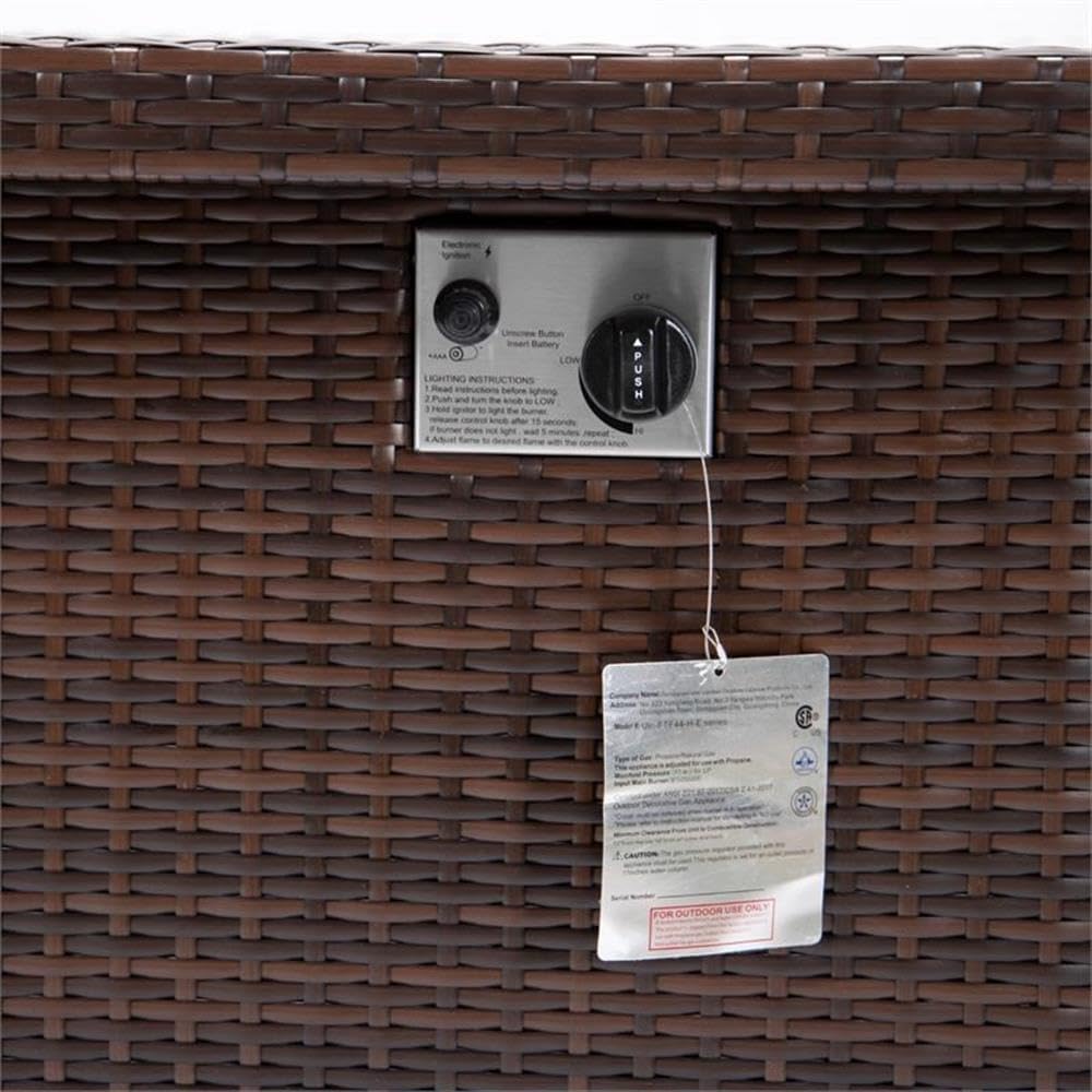 LeisureMod 44-Inch Propane Fire Pit Table, 50,000 BTU Auto-Ignition Gas Fire Pit with Lid, Tempered Glass Wind Guard & Decorative Stones, Dark Brown