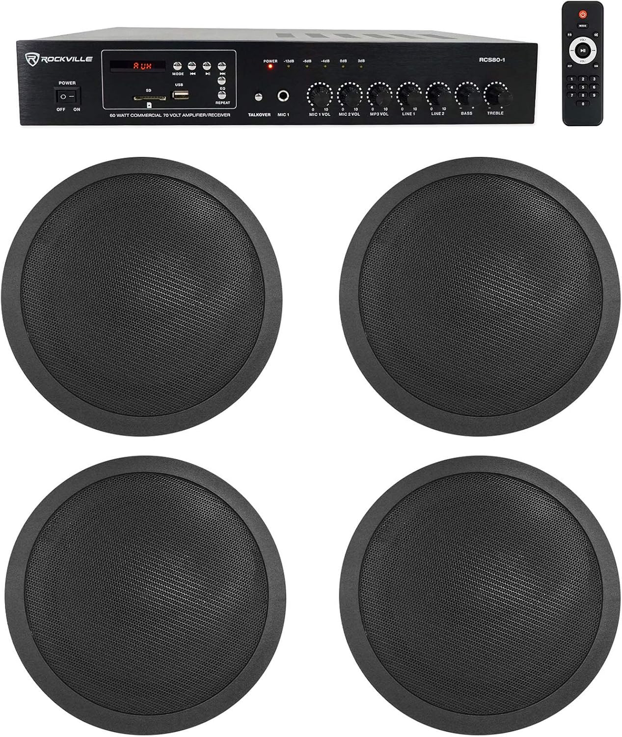 Rockville RCS80-1 Bundle: 60W 70V Commercial Amplifier with Bluetooth, (4) CCL6T Black 6 in 70V Commercial Ceiling Speakers for Restaurants, Offices & Schools, 5-Piece