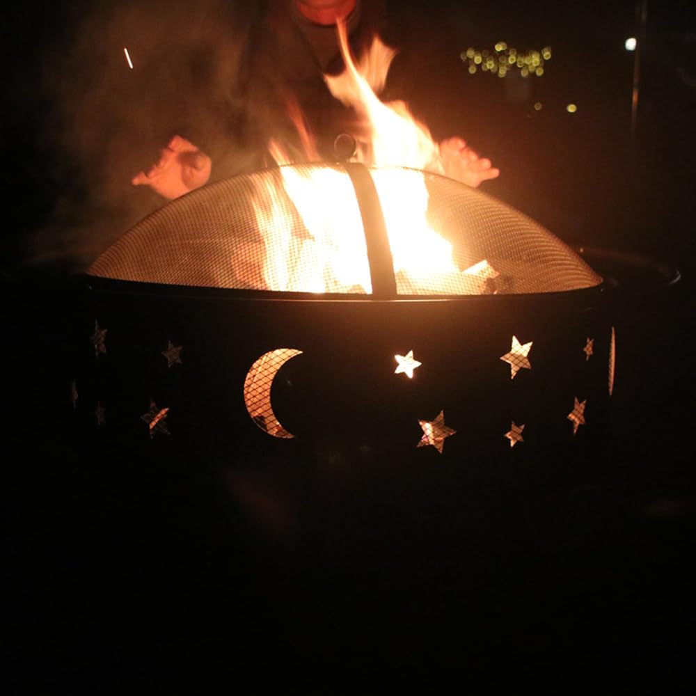 Fire Pit 32 Inch Outdoor Wood Burning Firepit with Screen Patio Round About The Moon and Stars