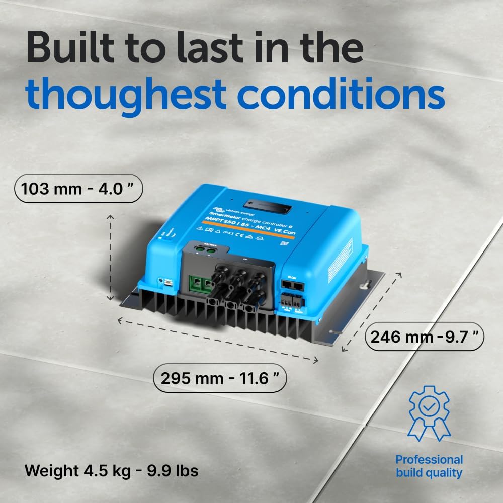 Victron Energy SmartSolar MPPT MC4 Compatible VE.Can Solar Charge Controller (Bluetooth) - Charge Controllers for Solar Panels - 250V, 85 amp, 12/24/36/48-Volt