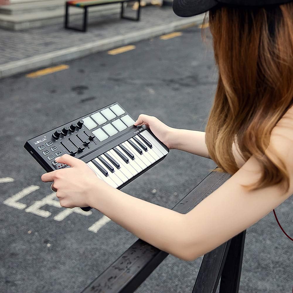 Mini 25-Key Midi Keyboard Controller With 8 Velocity-Sensitive Drum Pads, Portable USB Audio Interface With Assignable Knobs & Sliders For Music Production