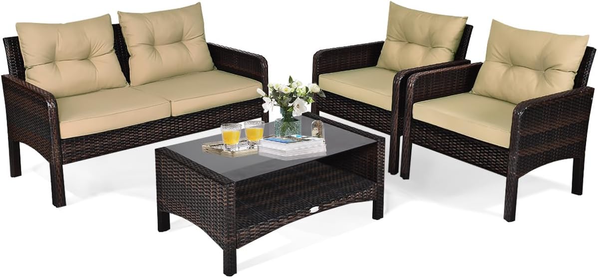 DORTALA 4 Pieces Rattan Patio Conversation Set, Outdoor Wicker Furniture Set with Chairs, Loveseat, Cushions and Glass Top Coffee Table for Garden Porch Poolside Balcony, Brown