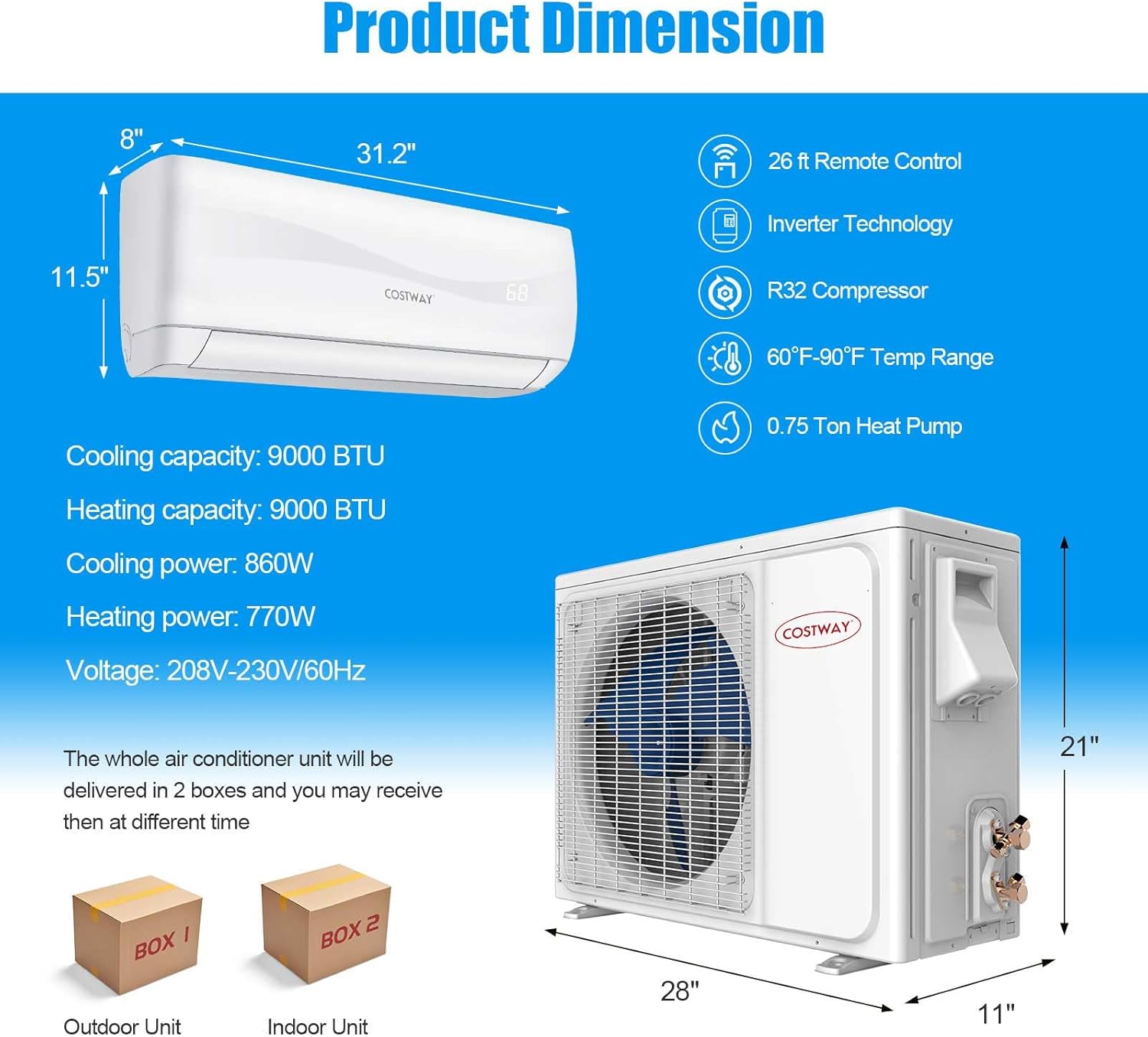 GLACER 9000BTU Mini AC Split-System, 17 SEER2 Ductless Air Conditioner w/Pre-Charged Condenser, White (9000BTU, 220V, 17 SEER2)