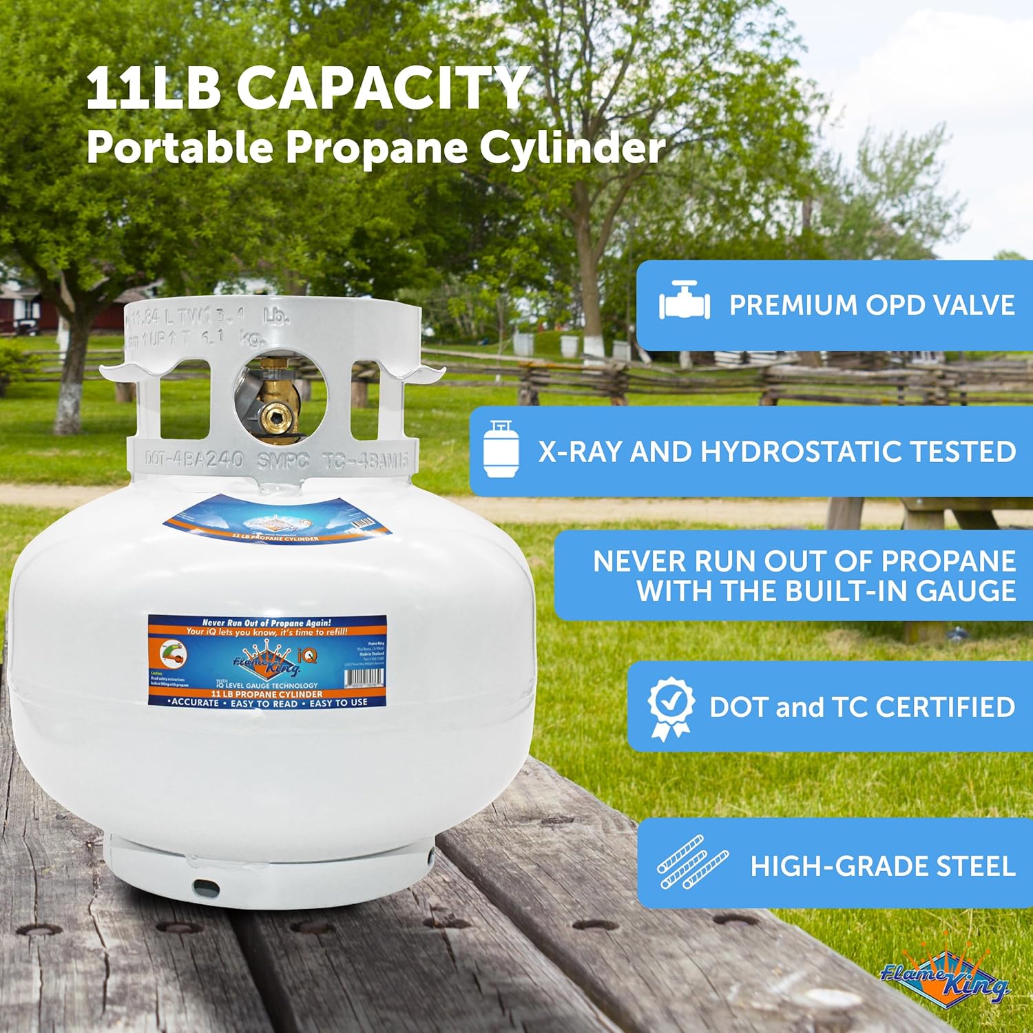 Flame King YSN11SQTa 11LB Propane Tank Cylinder Squatty with Dust Cap, Type 1 OPD Valve & Built-in Gauge, White