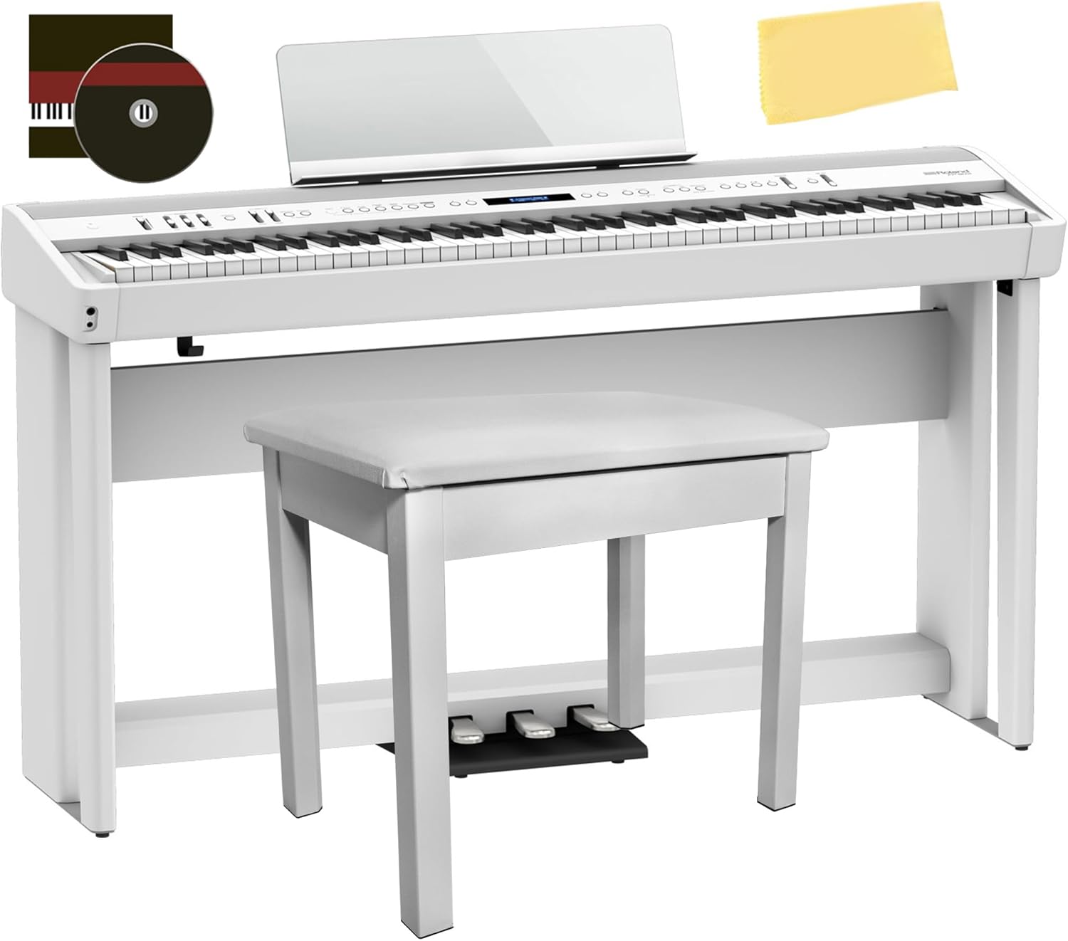 Roland FP-90X 88-Key Digital Piano - White Bundle with KSC-90 Stand, Three Pedal Unit, Bench, Online Lessons, Instructional DVD, and Austin Bazaar Polishing Cloth