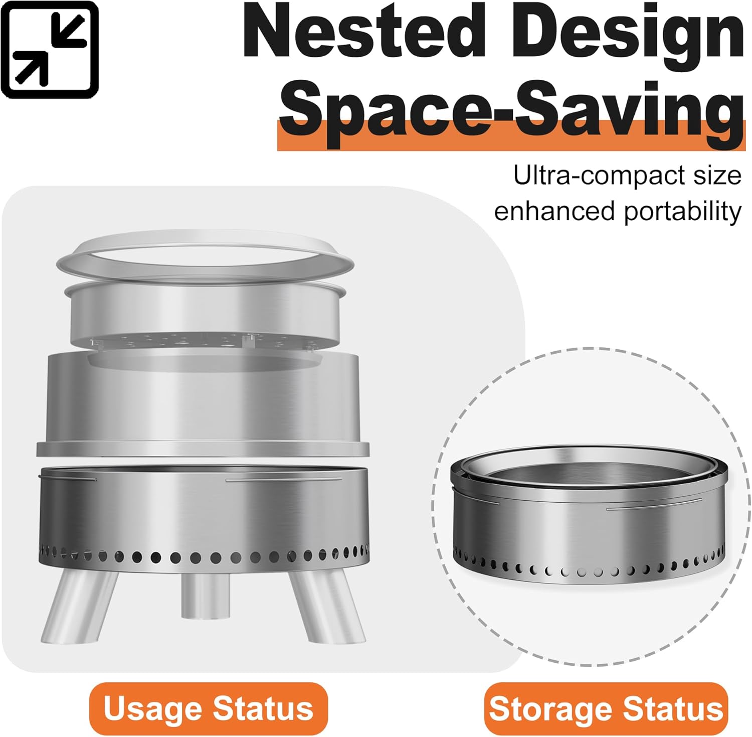 Smokeless Fire Pit with Waterproof Bag, 20 Inch Stainless Steel Fire Pits for Outside Wood Burning, Smokeless Firepit Outdoor Bonfire, Removable Ash Pan, Portable for Camping, Backyard