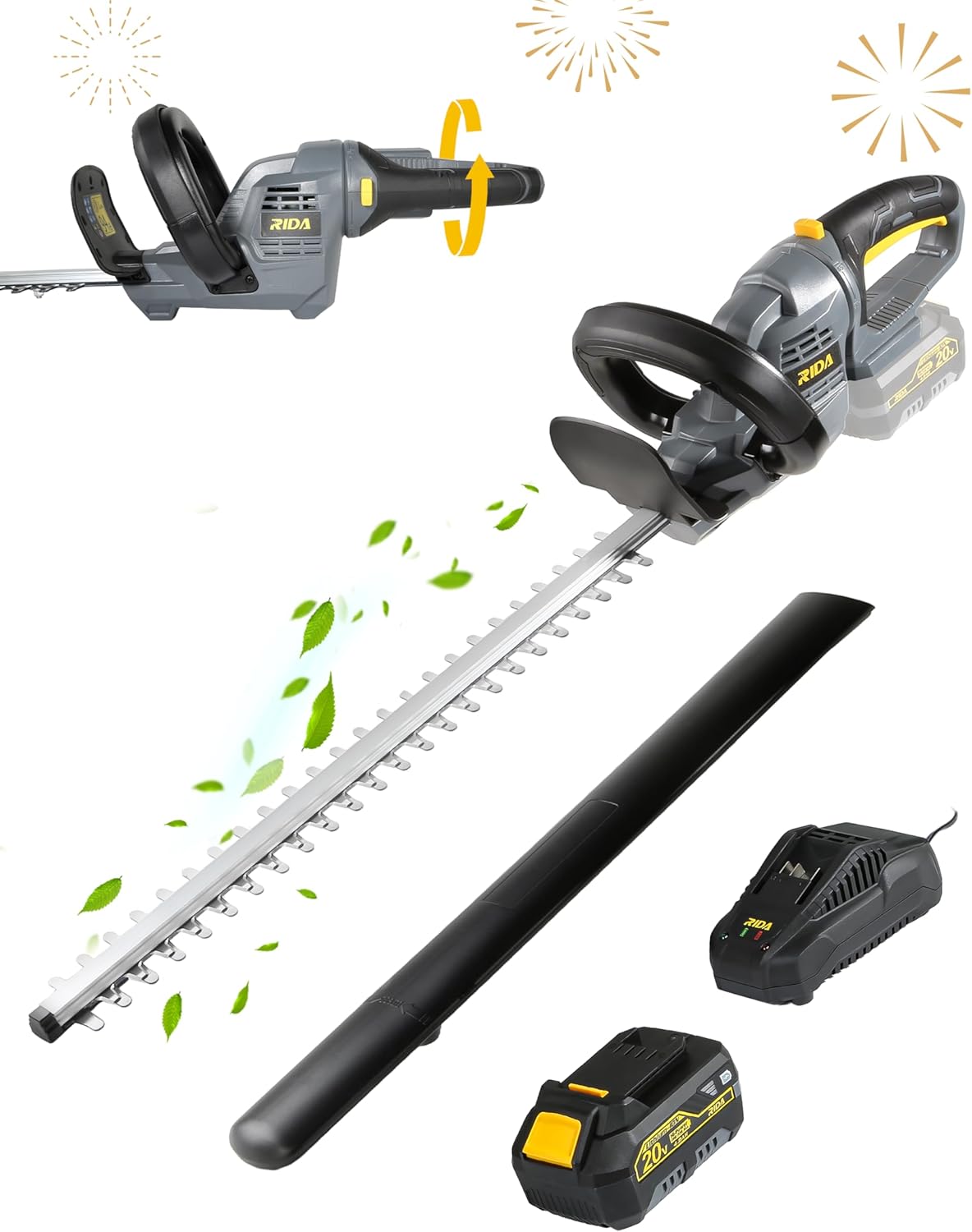 20'' Cordless Hedge Trimmer with 20V/4.0Ah Battery, Steel Blade & 180° Rotatable Head - Best Handheld Electric Trimmer Grass Shrub Pruning Cutter, Lightweight & Compact Hedge Shear for Garden, Lawn