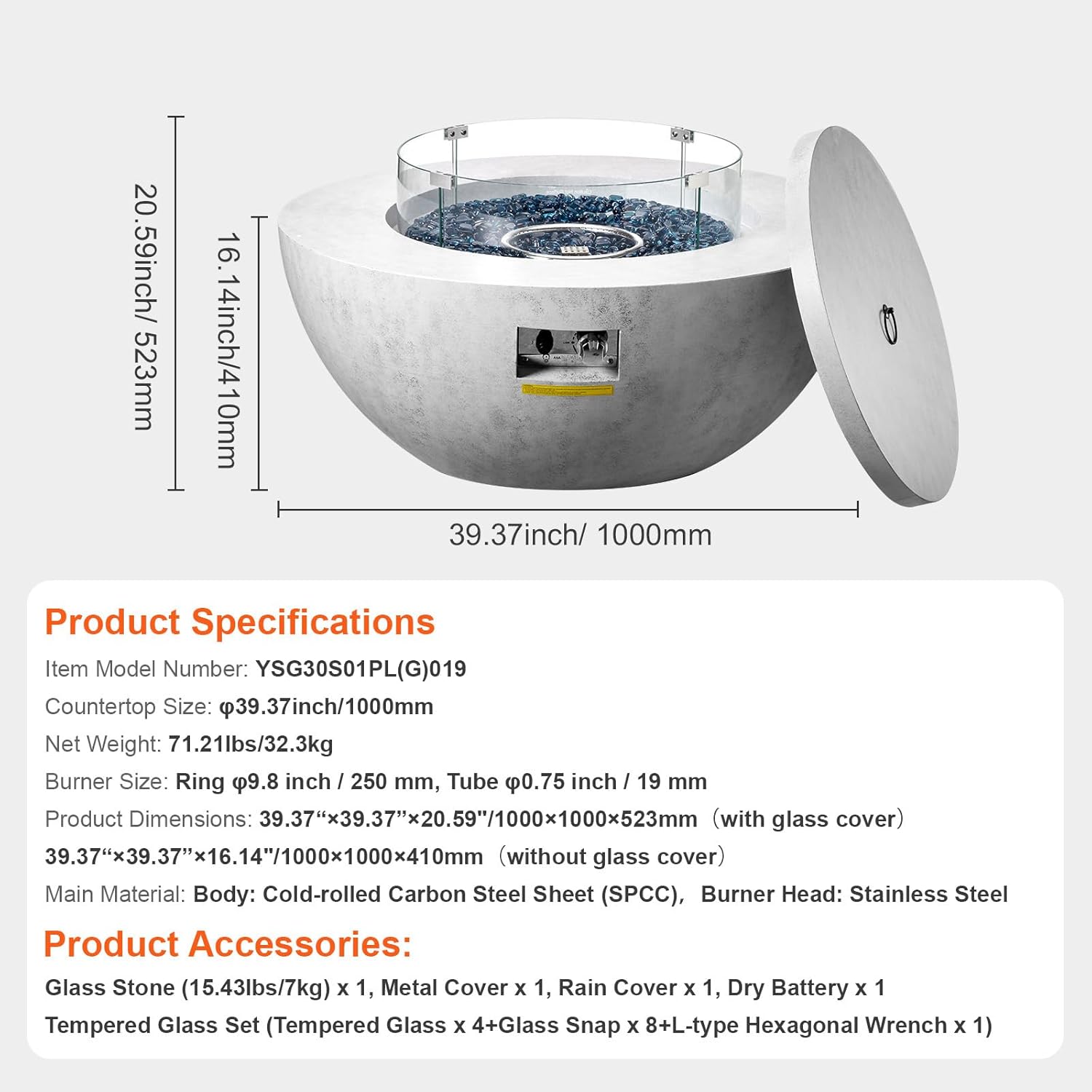 Happybuy Propane Fire Pit, Outdoor Concrete, 39 in Tabletop, Lava Rocks, Lid, Rain Cover, Adjustable Flame