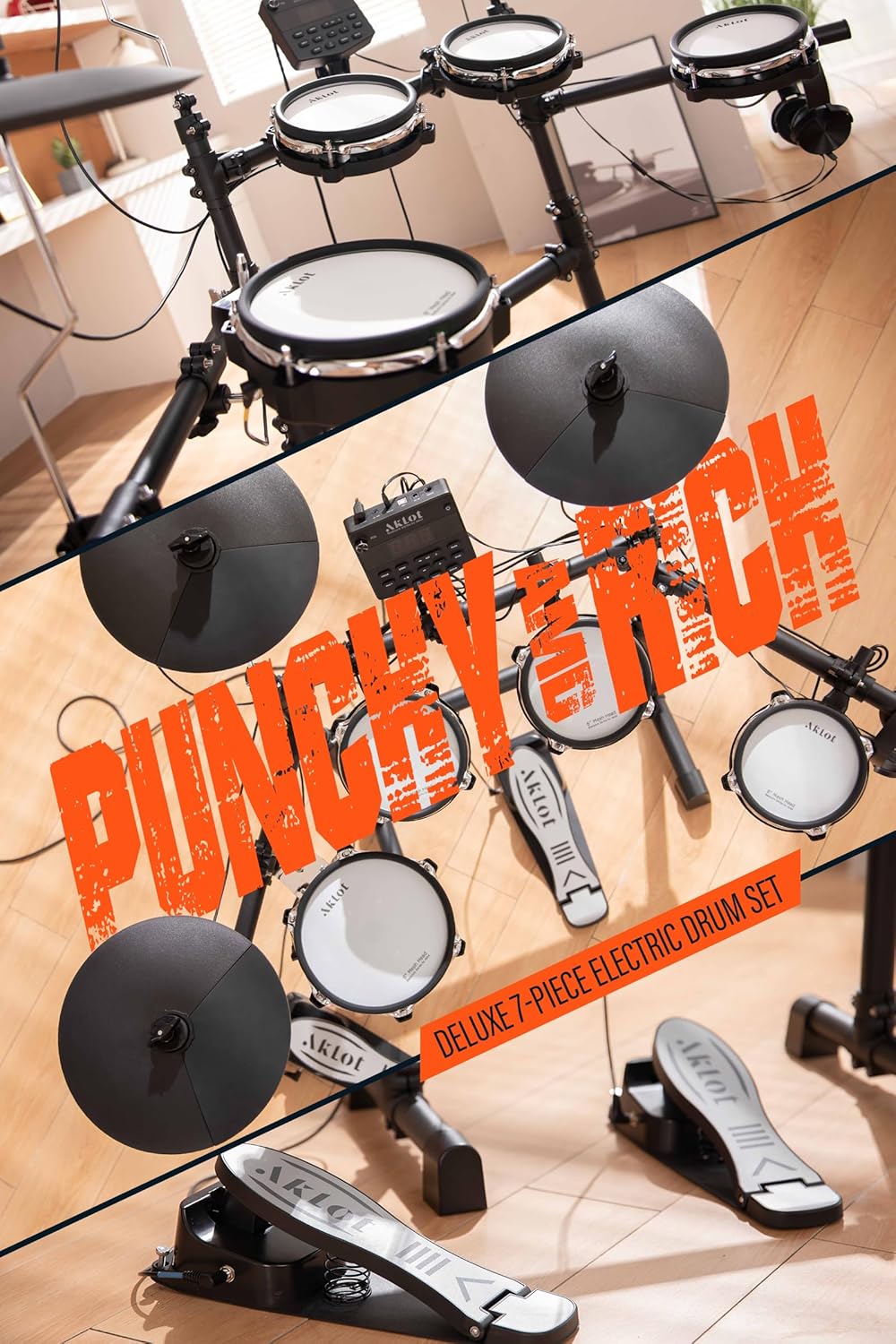 AKLOT B-CORE530 Electric Drum Set: Dual-Zone Quiet Mesh Drum Pads, 10’’ Dual-Trigger Cymbals, Height-Adjustable Rack, 360 Sounds, USB MIDI, Lesson Book, Throne, Sticks, Headphones