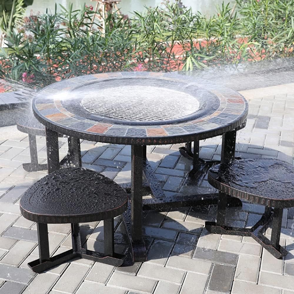 Outdoor Charcoal cast Iron Marble Round fire Pit Table Full Set of Tables and Chairs one Table Dual Purpose Multifunctional Easy-to-Clean Barbecue Stove