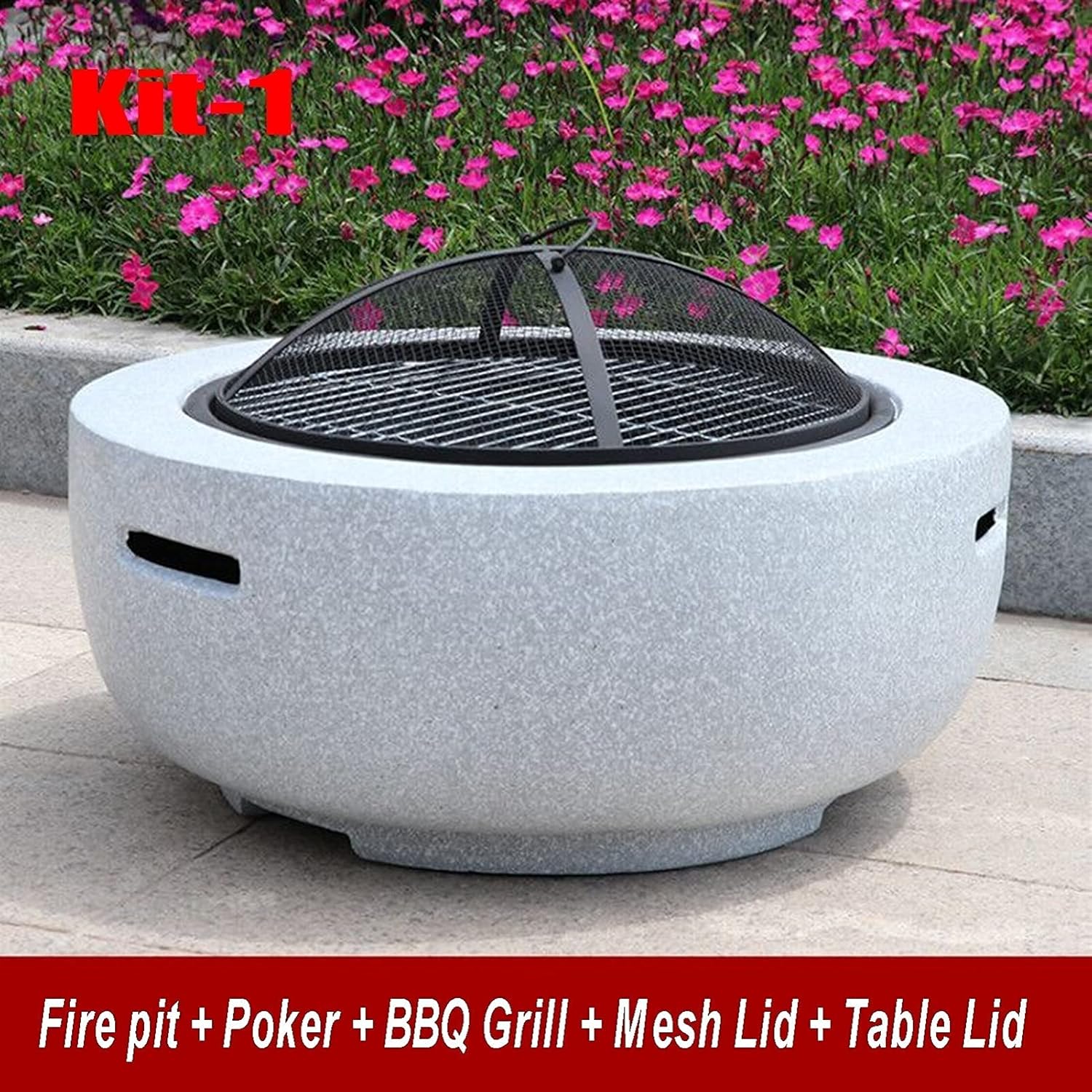 Outdoor Fire Pit Garden Terrace Imitation Stone BBQ Table, Outdoor Wood Burning Fire Bowl with Spark Screen and Poker