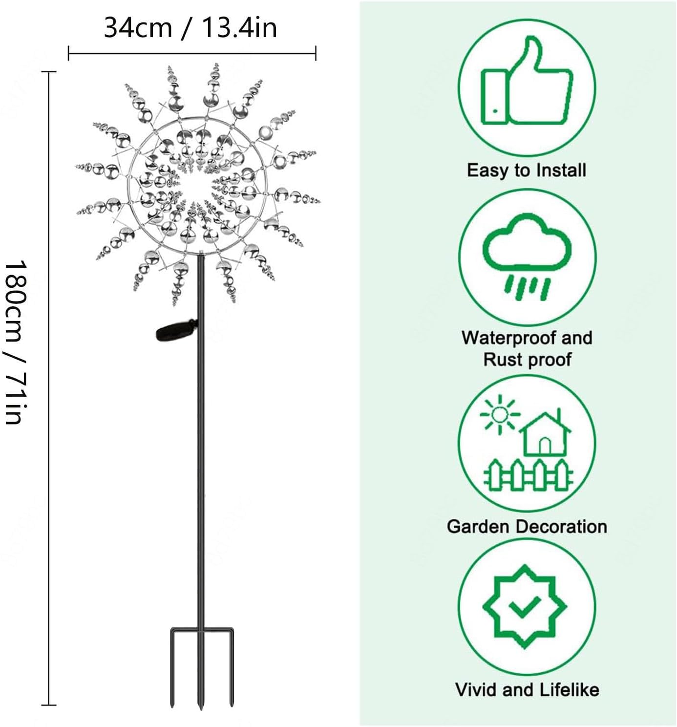 Solar Magical Metal Windmill, Garden Spinners Outdoor 3D Wind Powered, 13.4 x 71in Yard Spinner,Gold