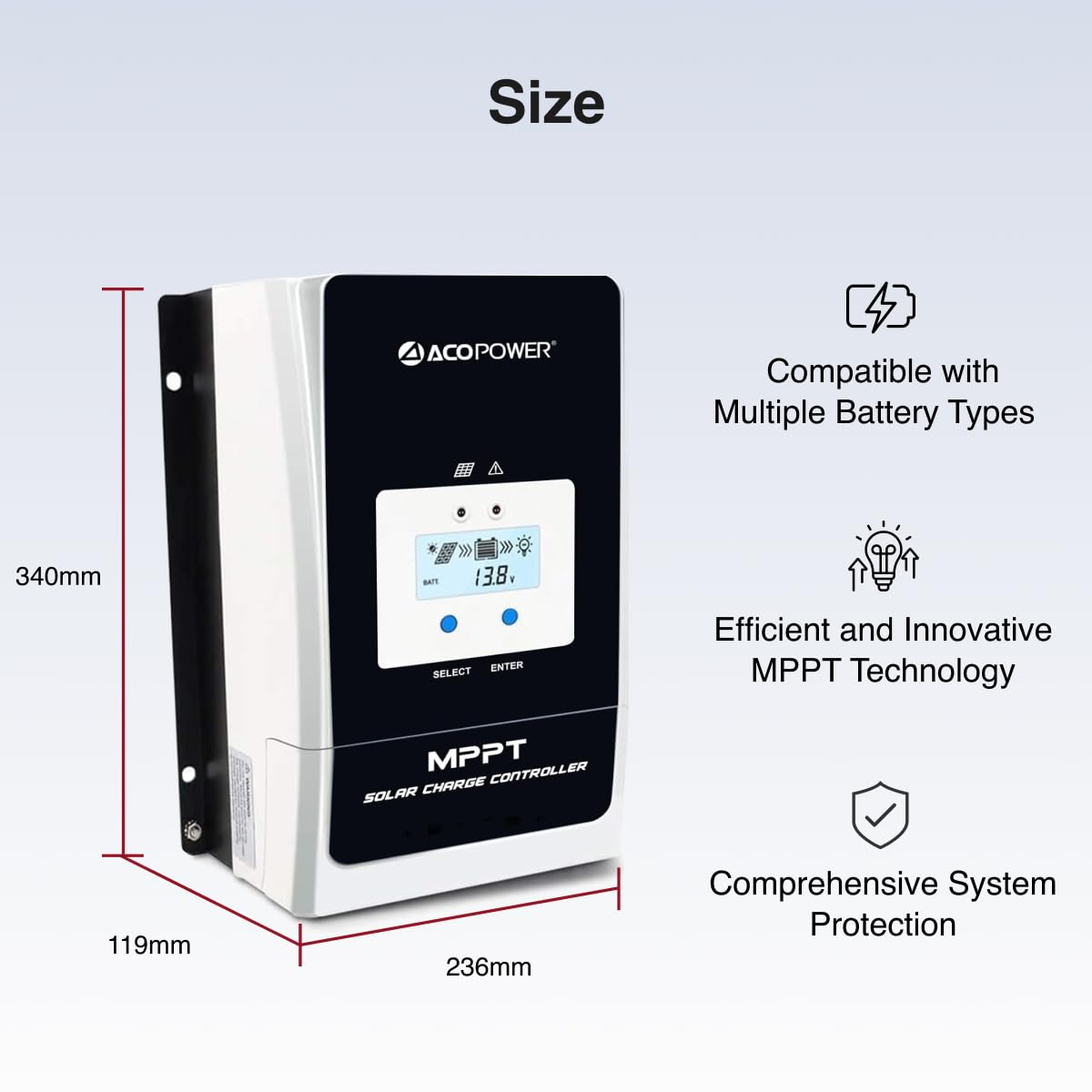 ACOPOWER 60A MPPT Solar Charge Controller 12V/24V/36V/48VDC Auto System Voltage Max.PV 150V Solar Panel Regulator with Backlight LCD Display Gel Sealed Flooded Lithium-ion LiFePO4 Battery, Silver