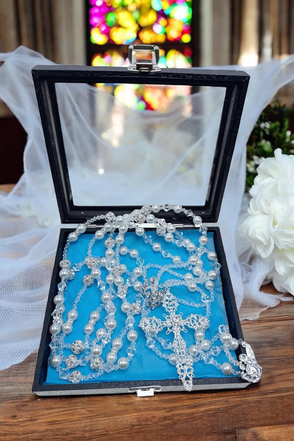 12mm White Crystal Pearls and Rhinestone Wedding Lasso/laso De Boda/Crystal Pearls Wedding Rosary Silver Plated Lazo De Boda Perlas Blancas Finas