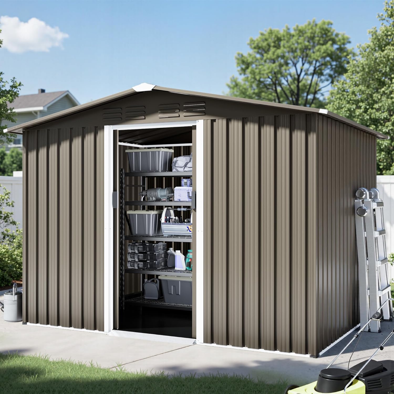 8 x 6 FT Outdoor Storage Shed with Frame Floor, Waterproof Lockable Door Metal Tool Shed with Sliding Door and Ventilation, Gardening Tool Storage Room, Metal Storage Shed for Gardens & Lawns