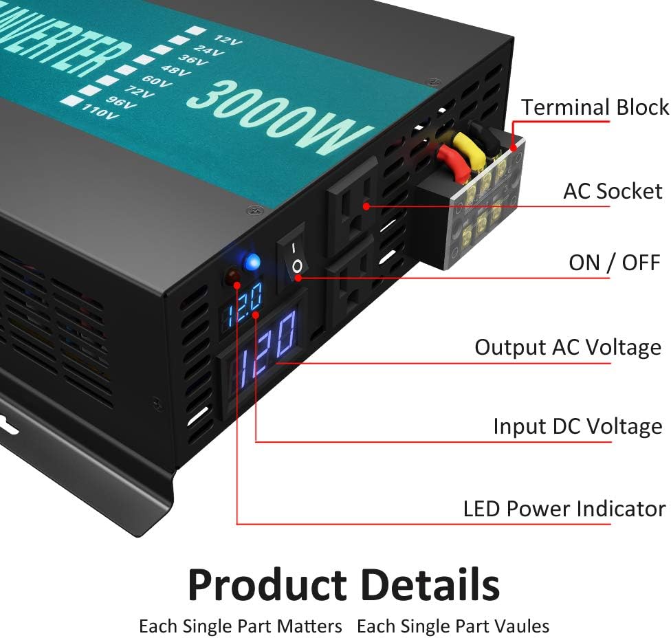 WZRELB RBPRC300012 3000W 12V 110~120V Pure Sine Wave Solar Power Inverter with Remote Control Switch