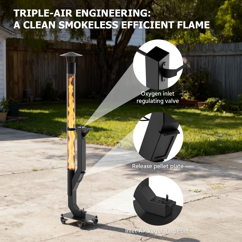 yoyomax Wood Pellet Patio Heater, Outdoor Pellet Heater, Portable Wood Pellet Fire Pit with Ash Tray Patio Rocket Stove for Backyard Camping Garden Balcony, PH08PRO