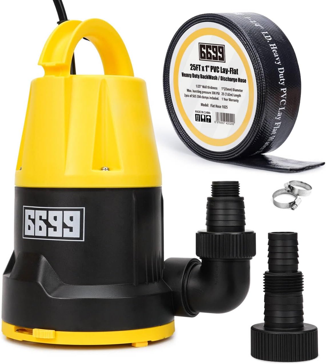 Submersible Sump Pump with 25FT x 1-1/2” Discharge Hose Kit 1/2HP Portable Pump 2500GPH Easy to Use for Draining From Swiming Pool Flooded Basement Standing Water Hot Tub