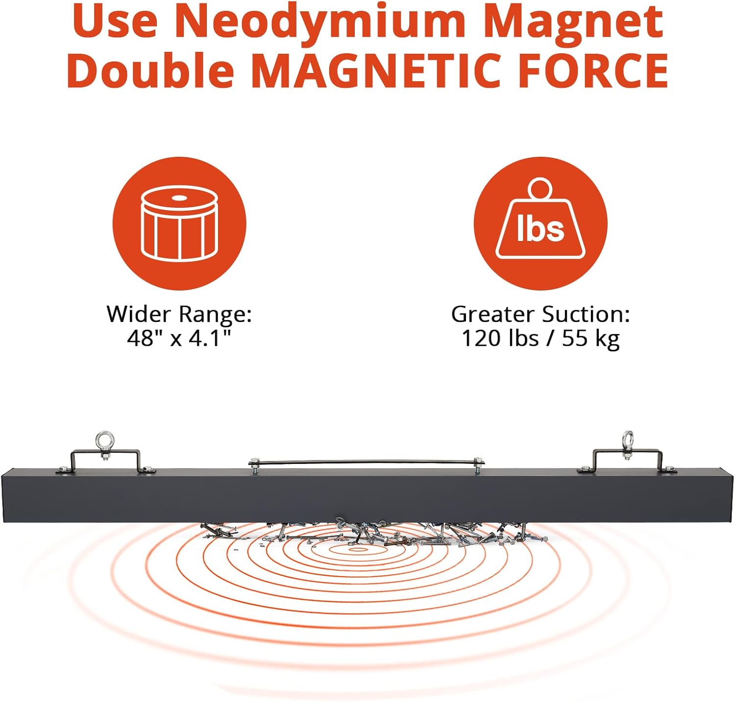 Garvee Magnetic Sweeper 48'' Hanging Magnet Sweeper 120 LBS Magnetic Forklift Sweeper Industrial Magnets for Picking Up Nails, Bolts, Iron Chips Steel Material Magnet Accessories (48 Inch)