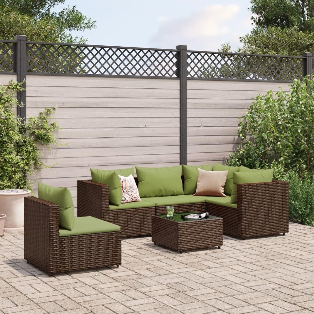 6 Piece Patio Lounge Set with Cushions Brown Poly Rattan,Luxurious Outdoor Lounge Set: Rattan Modular Sofa with Tempered Glass Table for Patio, Backyard, or Terrace Furniture Sets for Patio, Lawn & Ga