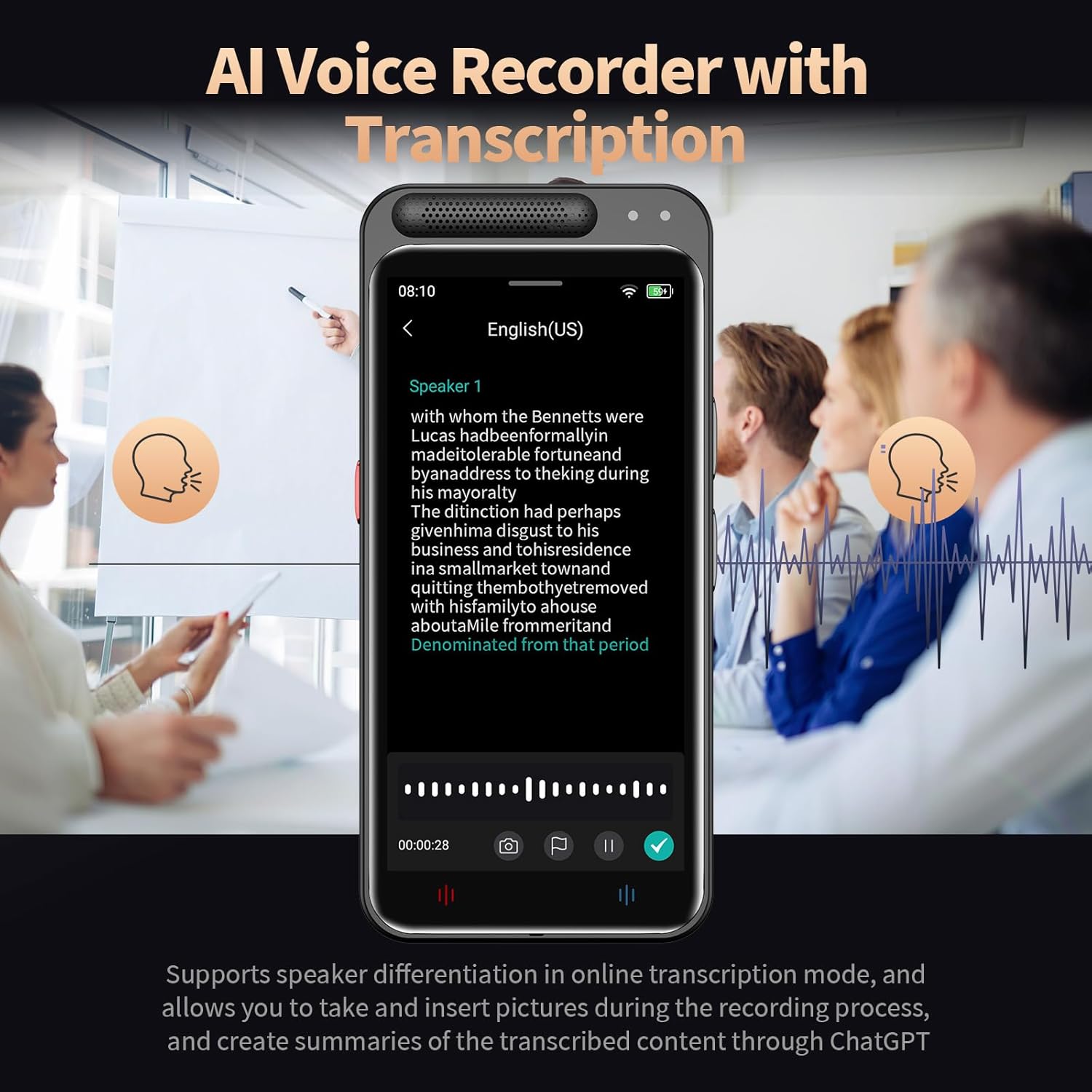 AI Voice Recorder, Digital Voice Recorder with Complimentary Transcription & Summarize & Translation, 80GB Voice to Text Recorder and Transcriber, Support 134 Languages, AI Recorder for Lectures