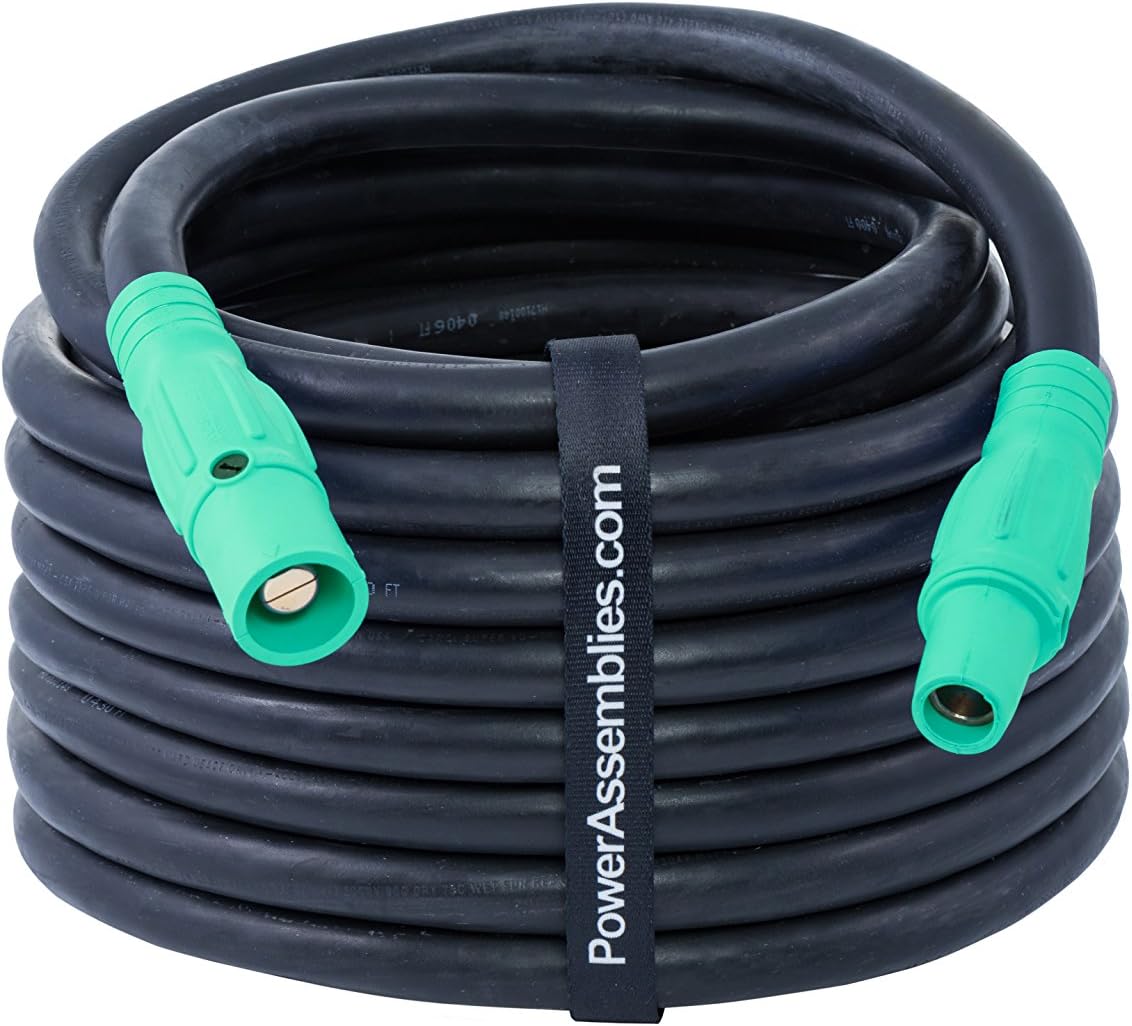 2 AWG Green Generator Power Cable Rated for 190 Amps, Male/Female Series 16 Camlocks, 25 Foot Cord