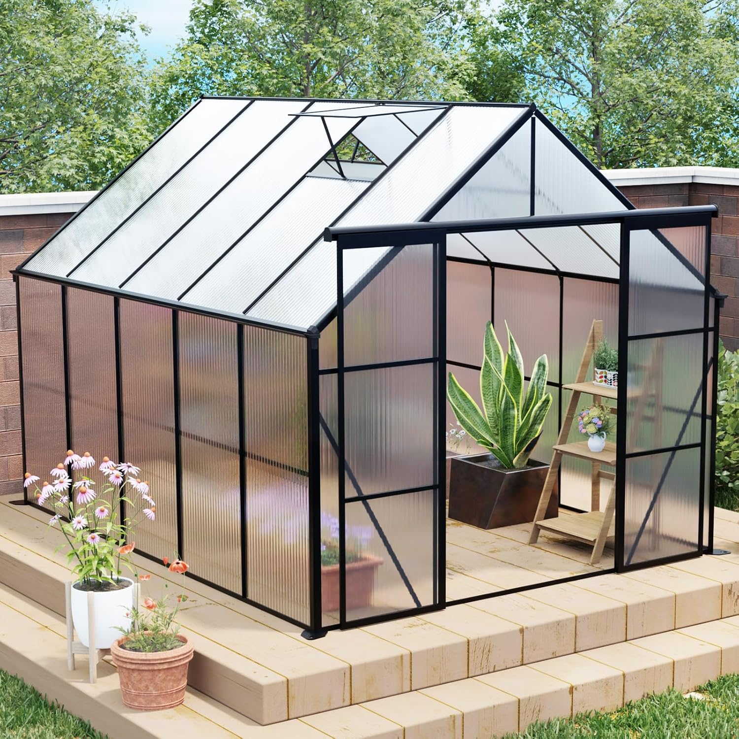 8x10FT Polycarbonate Green Houses for Outside Garden Backyard,Large Walk-in Greenhouse for Outdoors and Winter Garden Planting with Sliding Doors and Vent Window (8 * 10FT/Black, Double Doors)