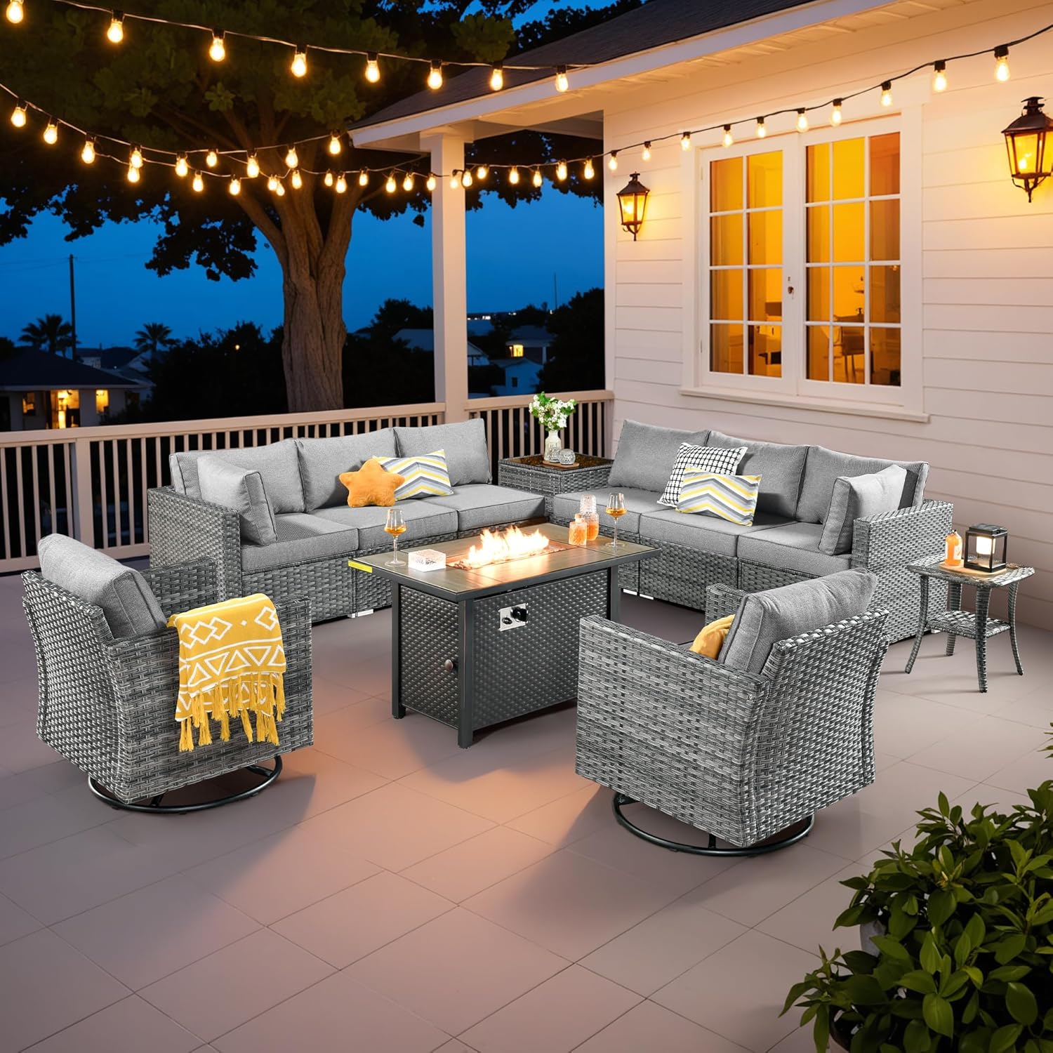 Weaxty 11 Piece Patio Furniture Set with Fire Pit Table, Outdoor Sectional Couch Swivel Rocker Patio Chairs with Coffee Table Wicker Conversation Sets for Balcony Backyard, Dark Gray